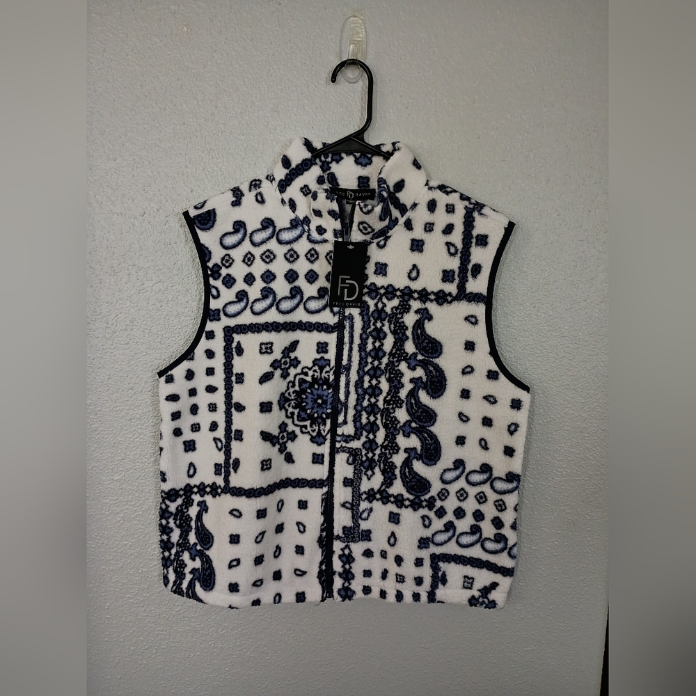 Fred David Navy Blue and White Patterned Fleece Zip Front Vest